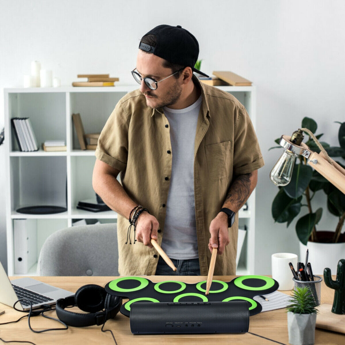 Set 7 Kit Electronic Roll Up Pads MIDI Drum -GreenÂ