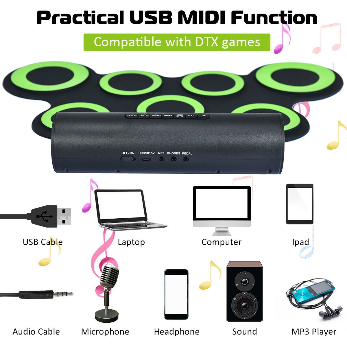 Set 7 Kit Electronic Roll Up Pads MIDI Drum -GreenÂ