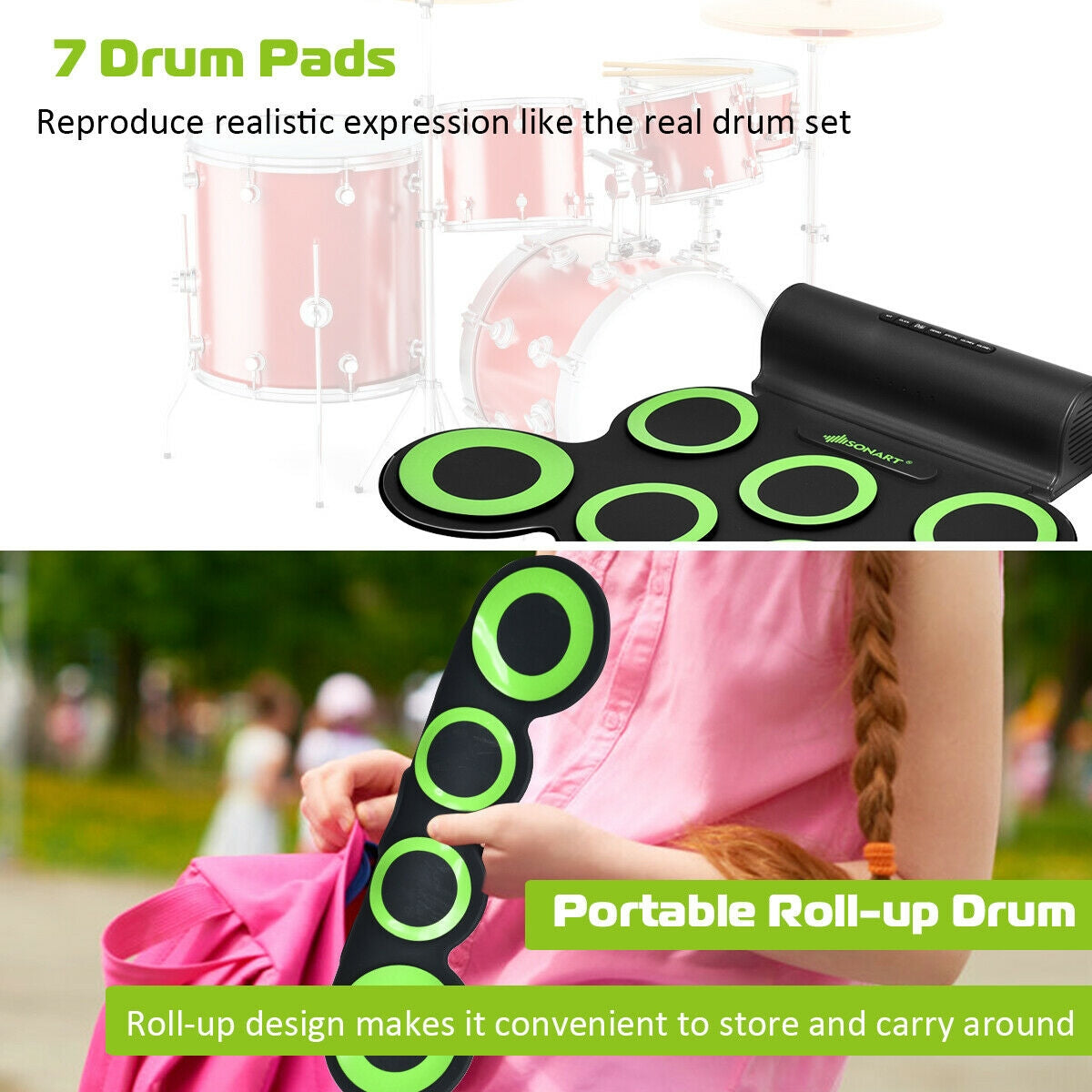 Set 7 Kit Electronic Roll Up Pads MIDI Drum -GreenÂ