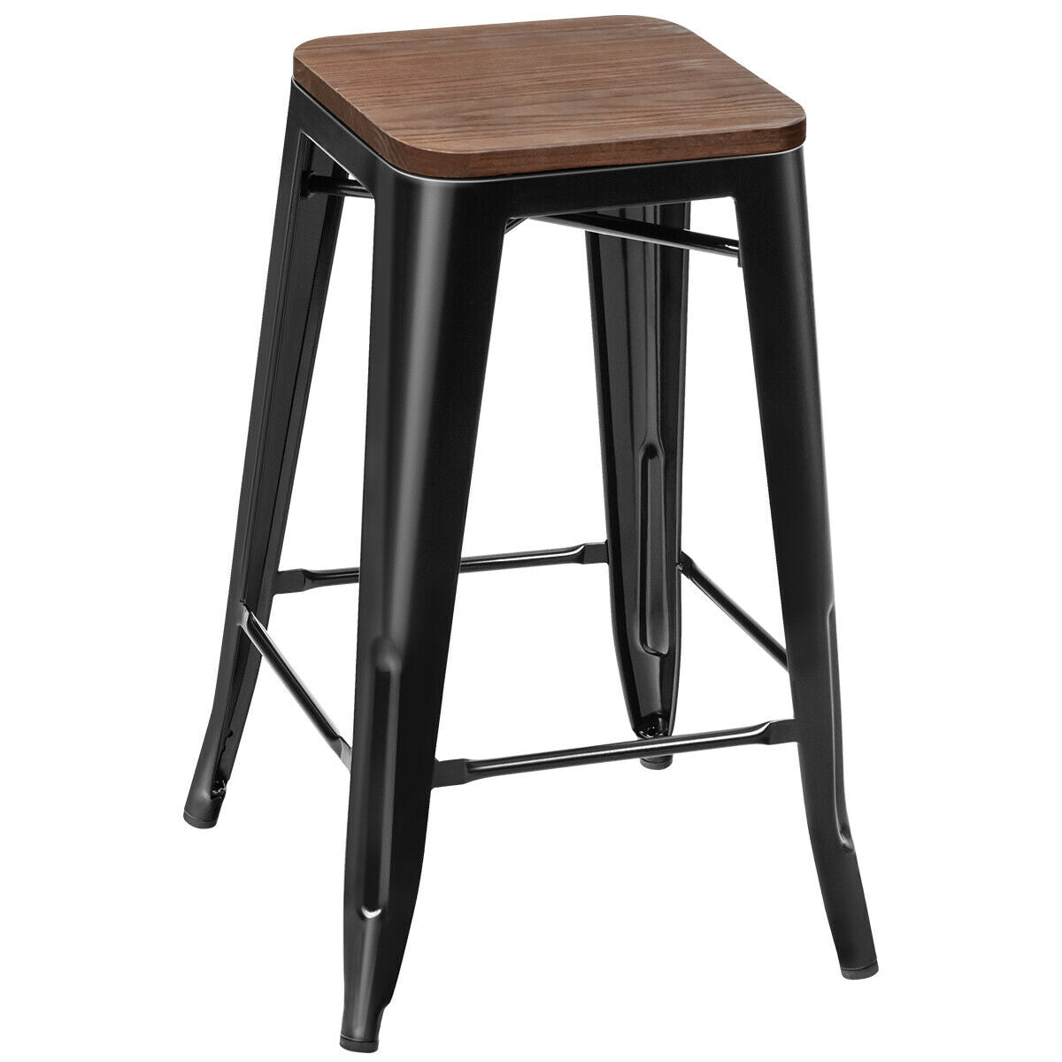 Set of 2 Counter Height Backless Stool with Wooden Seat-BlackÂ