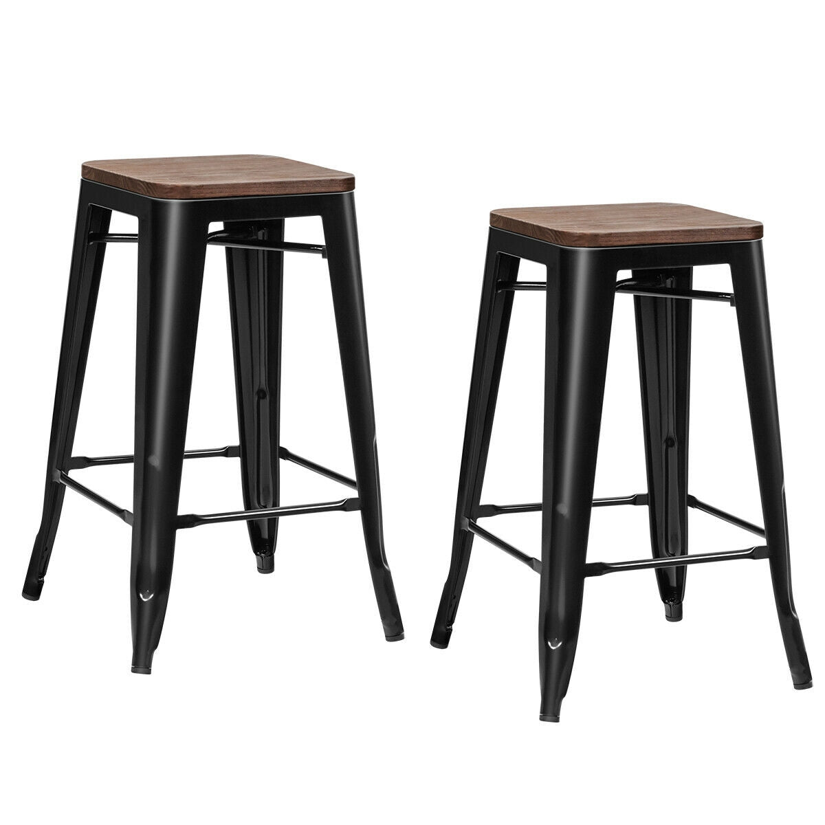 Set of 2 Counter Height Backless Stool with Wooden Seat-BlackÂ