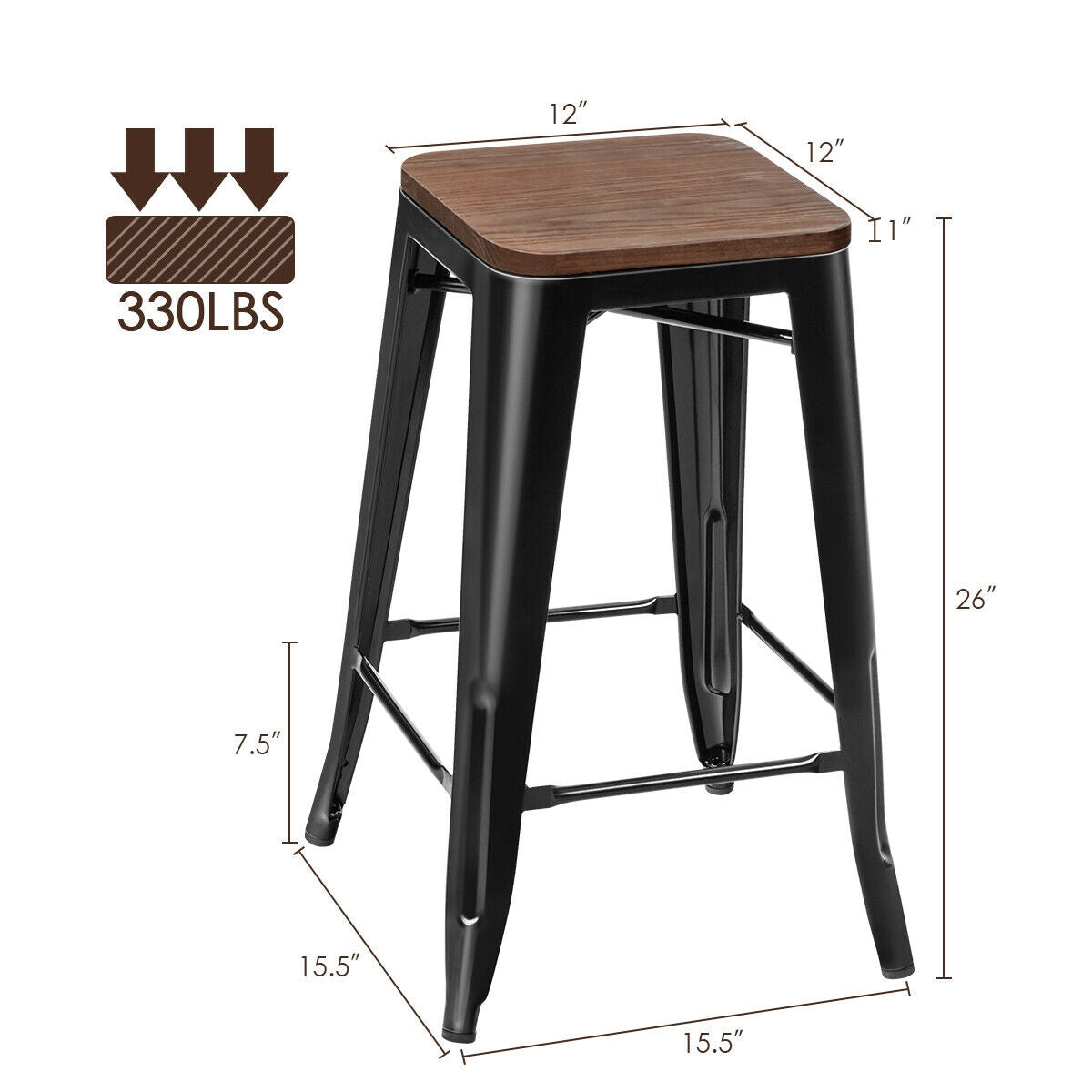 Set of 2 Counter Height Backless Stool with Wooden Seat-BlackÂ