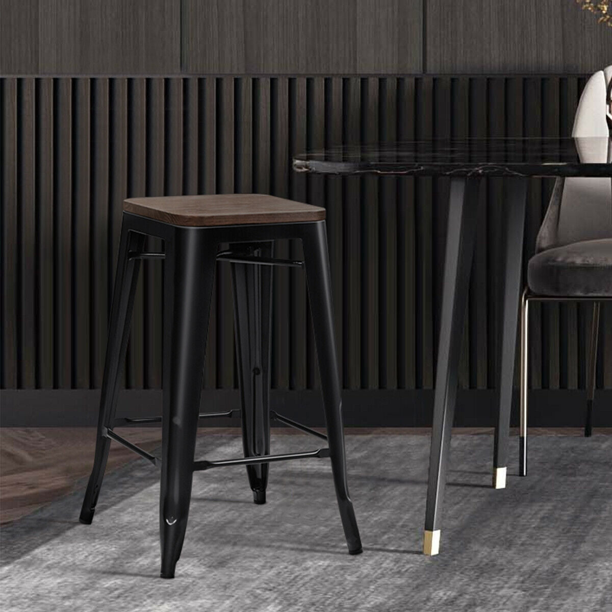 Set of 2 Counter Height Backless Stool with Wooden Seat-BlackÂ