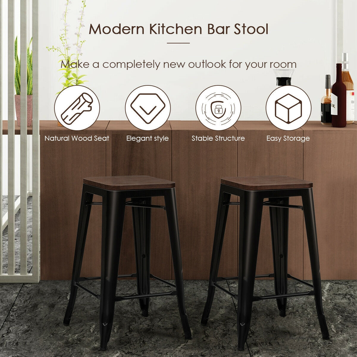 Set of 2 Counter Height Backless Stool with Wooden Seat-BlackÂ