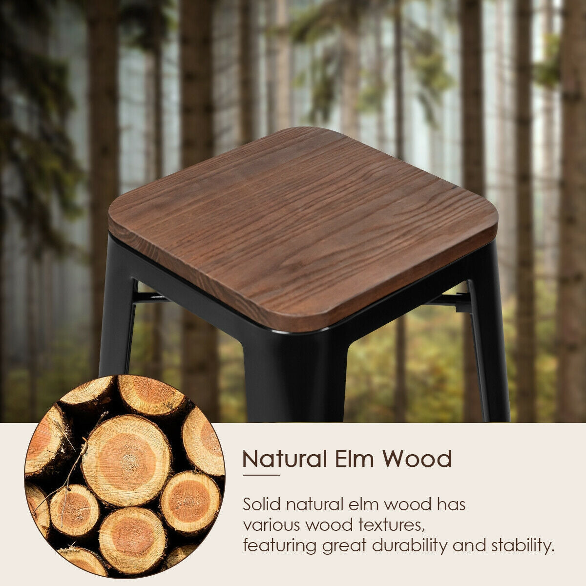 Set of 2 Counter Height Backless Stool with Wooden Seat-BlackÂ