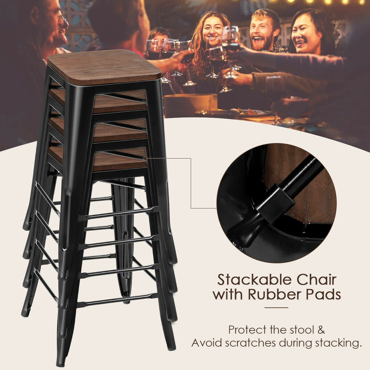 Set of 2 Counter Height Backless Stool with Wooden Seat-BlackÂ