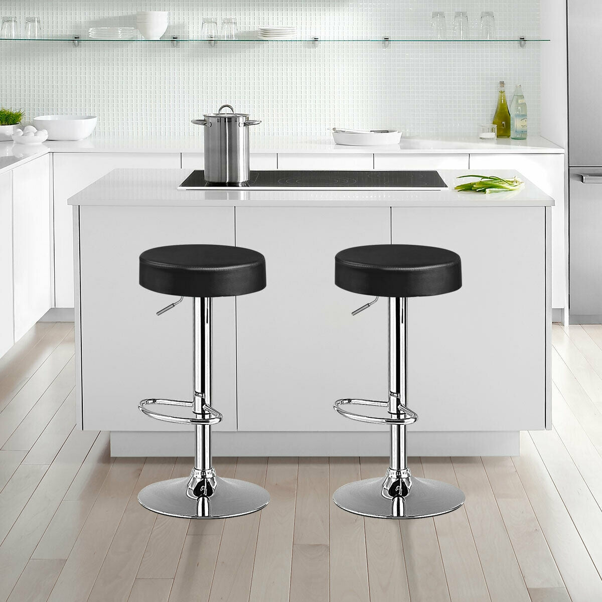 Set of 2 Adjustable Swivel Round Bar Stool Pub Chairs-BlackÂ