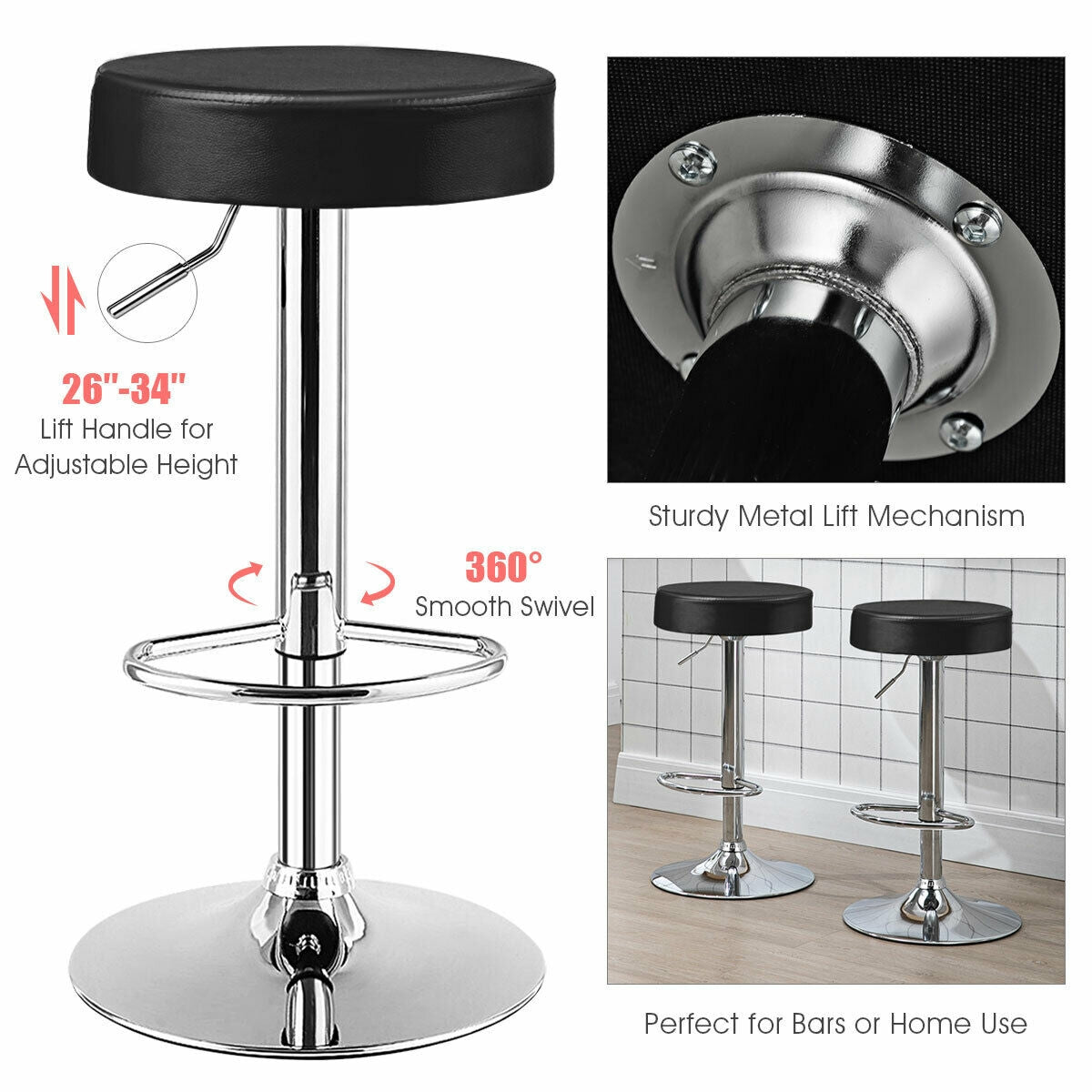 Set of 2 Adjustable Swivel Round Bar Stool Pub Chairs-BlackÂ