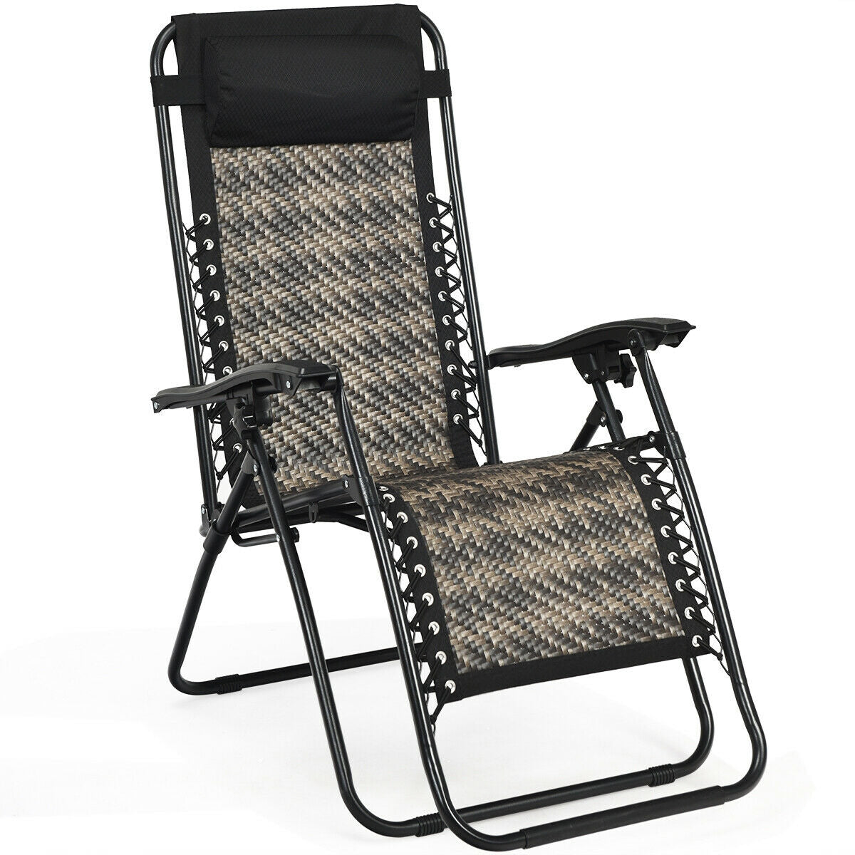 Folding Rattan Zero Gravity Lounge Chair with Removable Head Pillow-GrayÂ