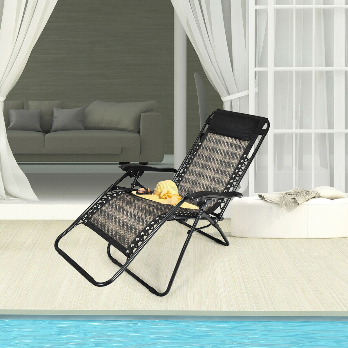 Folding Rattan Zero Gravity Lounge Chair with Removable Head Pillow-GrayÂ
