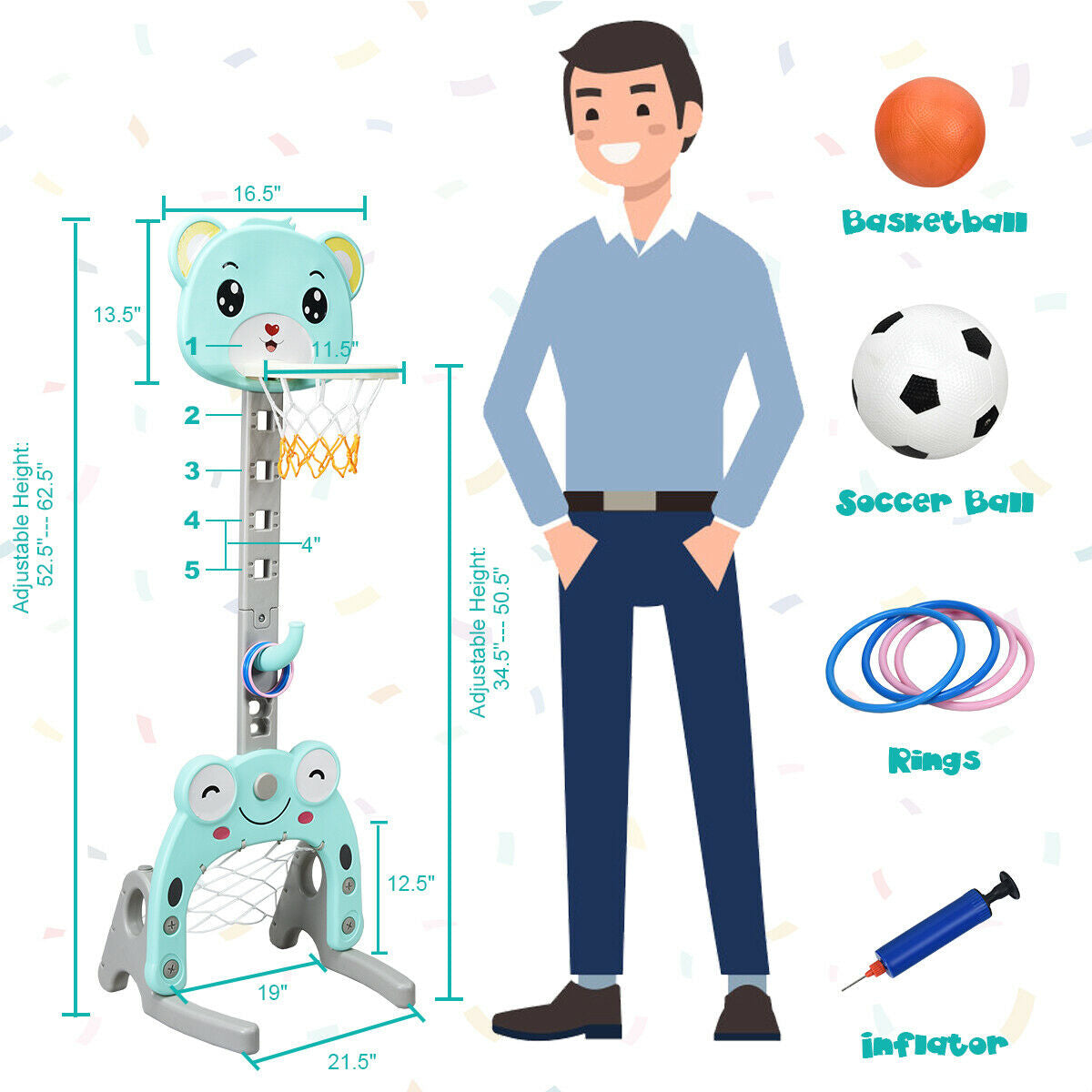 Adjustable Kids 3-in-1 Basketball Hoop Set Stand with BallsÂ