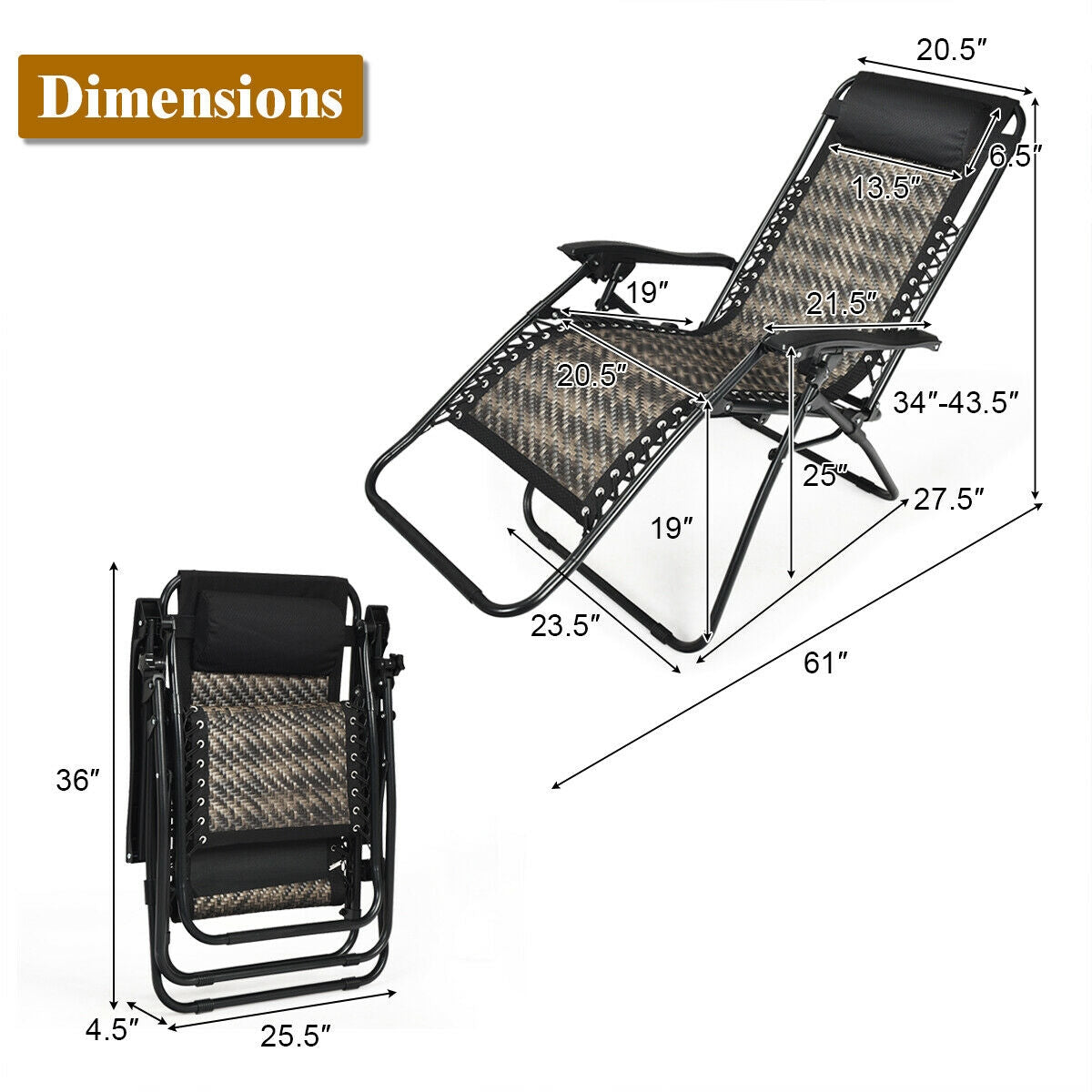 2 Pieces Folding Patio Rattan Zero Gravity Lounge Chair-GrayÂ
