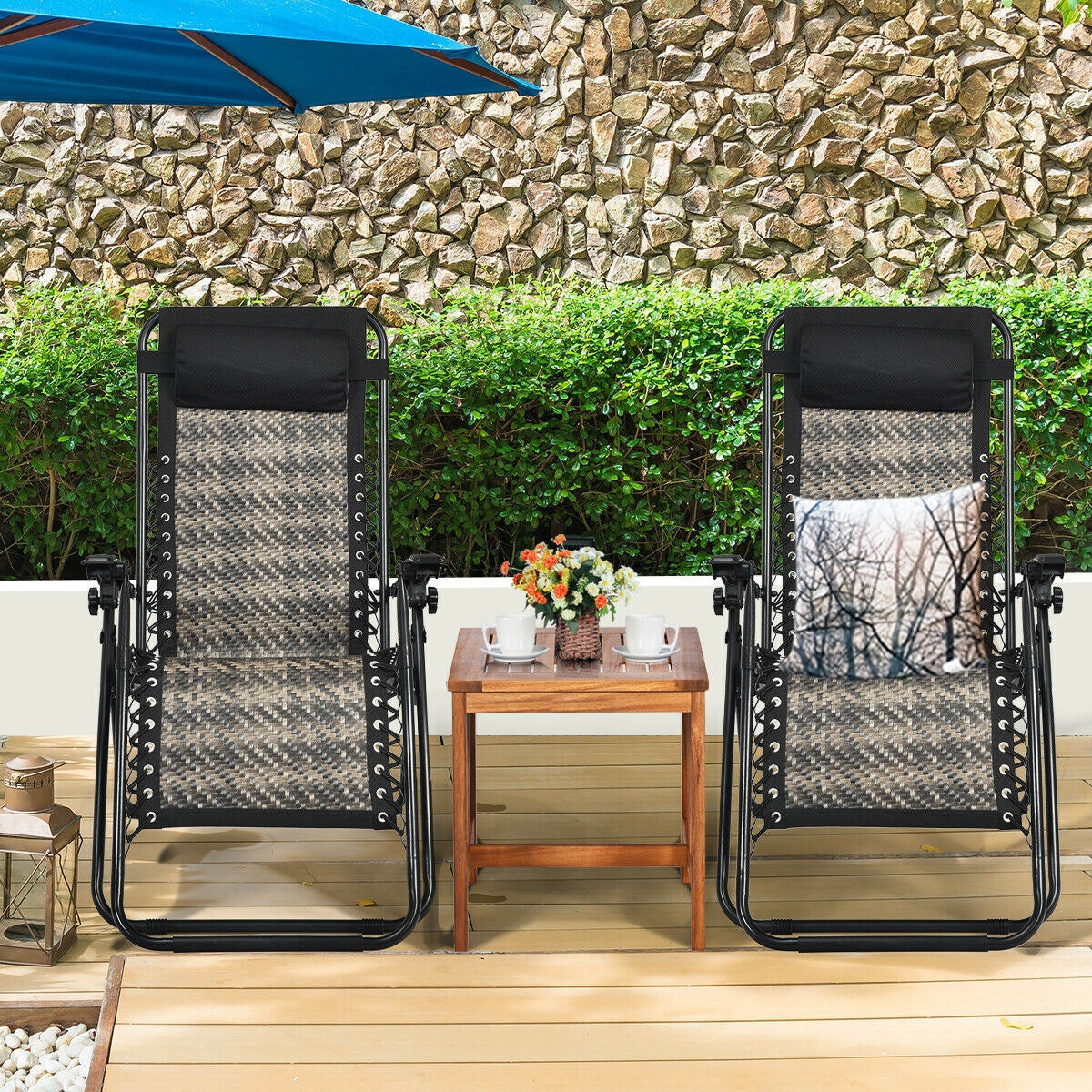 2 Pieces Folding Patio Rattan Zero Gravity Lounge Chair-GrayÂ