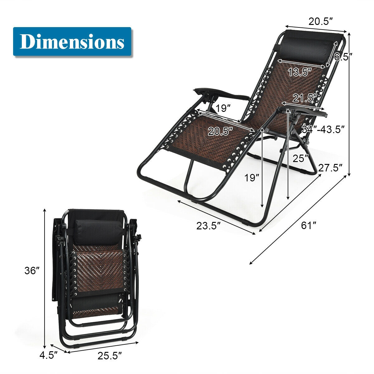 2 Pieces Folding Patio Rattan Zero Gravity Lounge Chair-CoffeeÂ