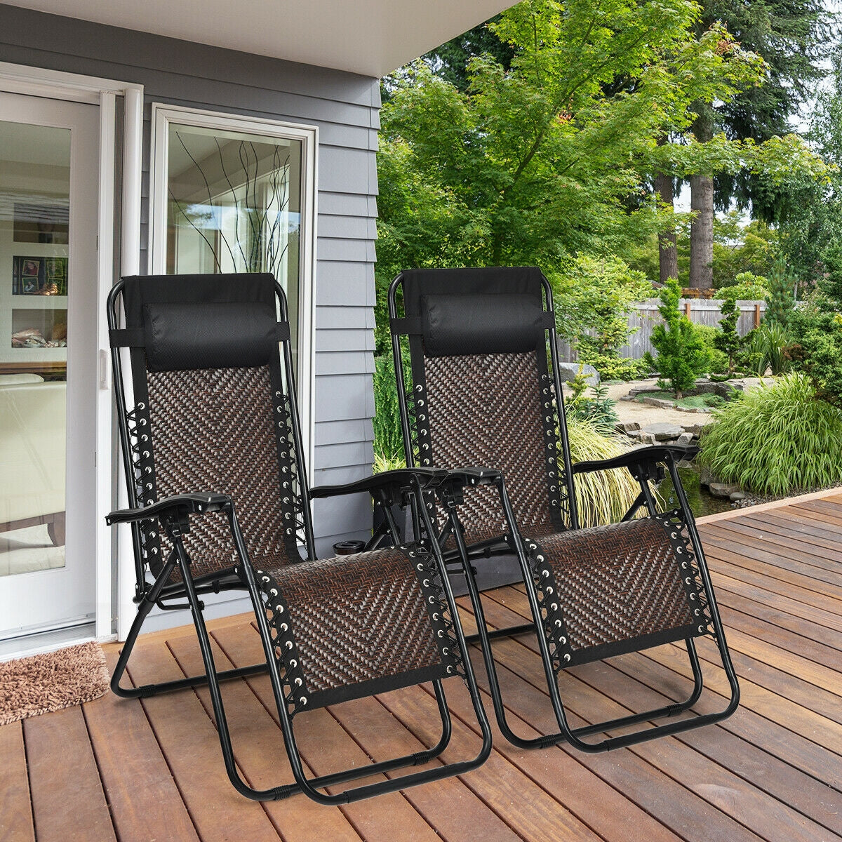 2 Pieces Folding Patio Rattan Zero Gravity Lounge Chair-CoffeeÂ