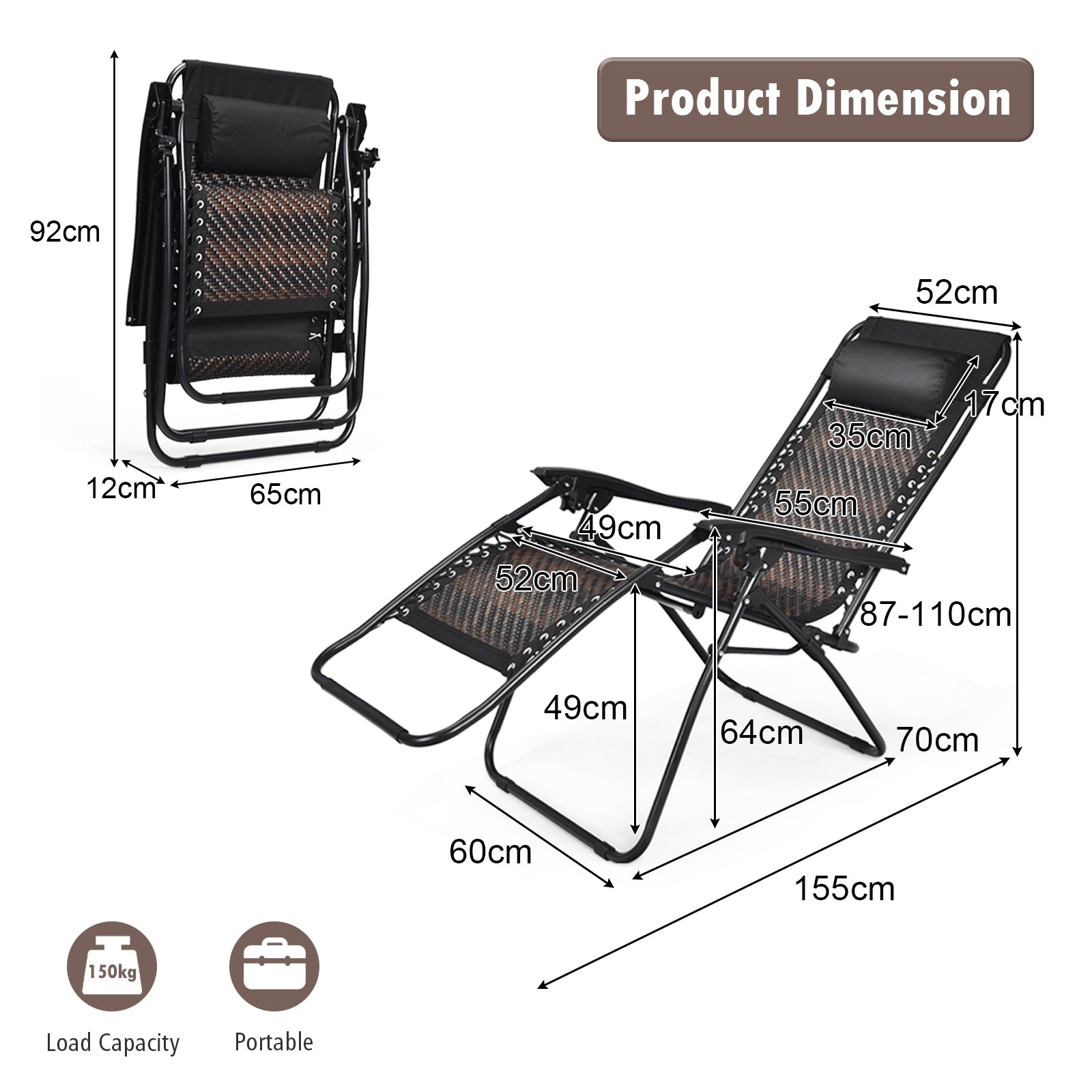 2 Pieces Folding Patio Rattan Zero Gravity Lounge Chair-BrownÂ