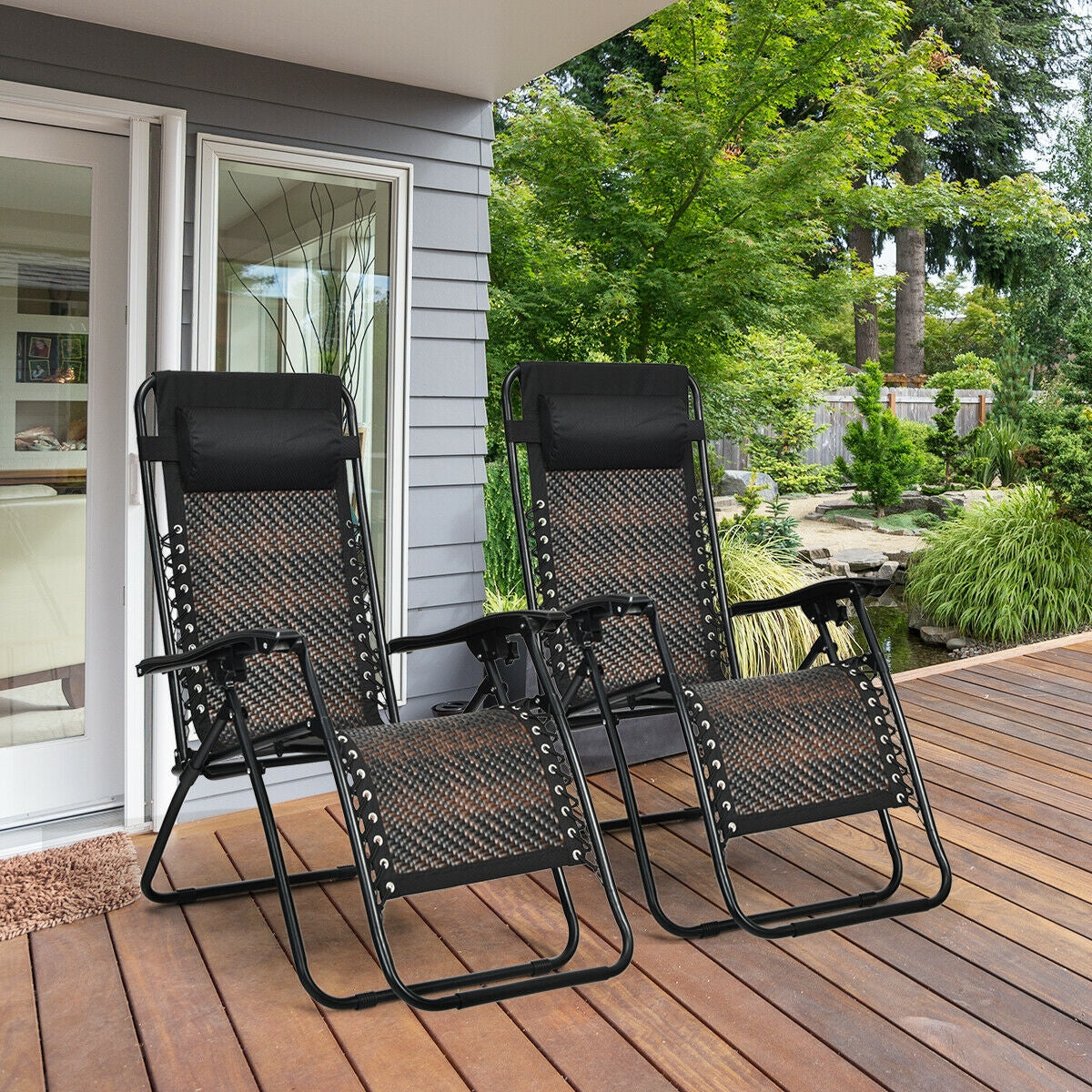 2 Pieces Folding Patio Rattan Zero Gravity Lounge Chair-BrownÂ