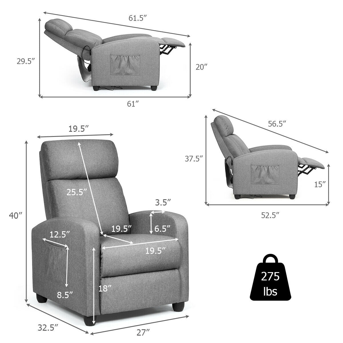 Recliner Sofa Wingback Chair with Massage Function-GrayÂ