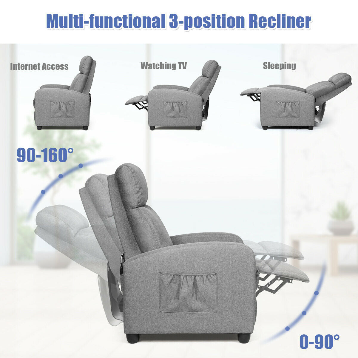 Recliner Sofa Wingback Chair with Massage Function-GrayÂ