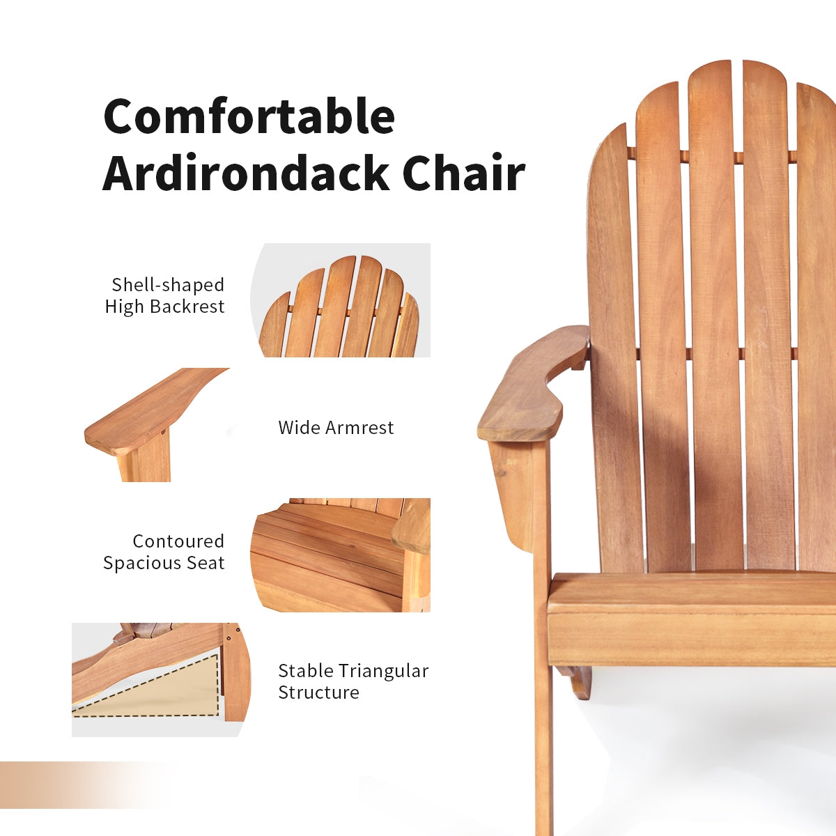 Acacia Wood Outdoor Adirondack Chair with Ergonomic Design-NaturalÂ