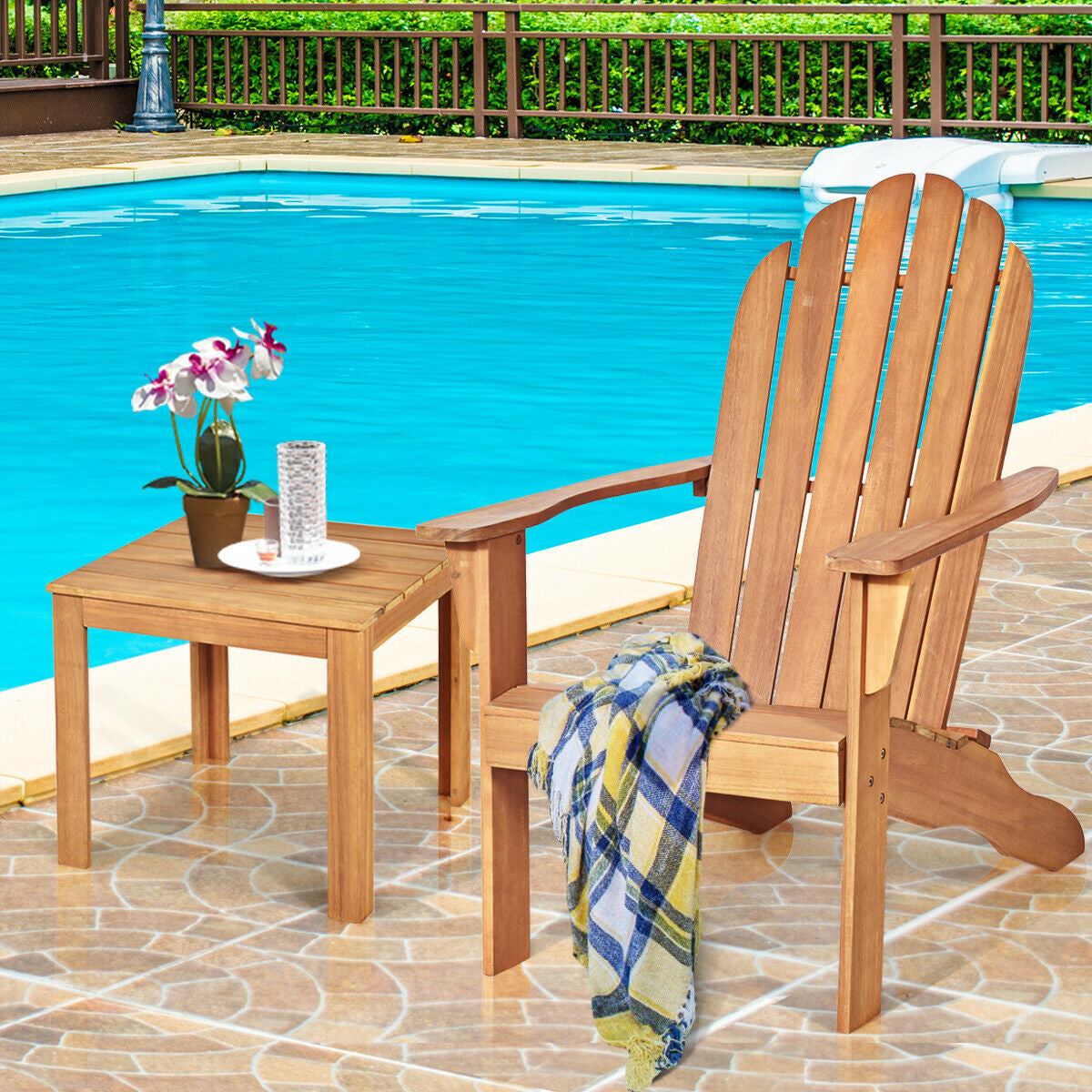 Acacia Wood Outdoor Adirondack Chair with Ergonomic Design-NaturalÂ