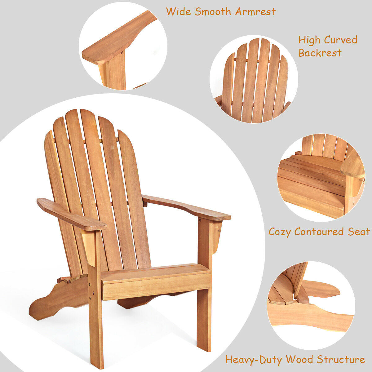 Acacia Wood Outdoor Adirondack Chair with Ergonomic Design-NaturalÂ