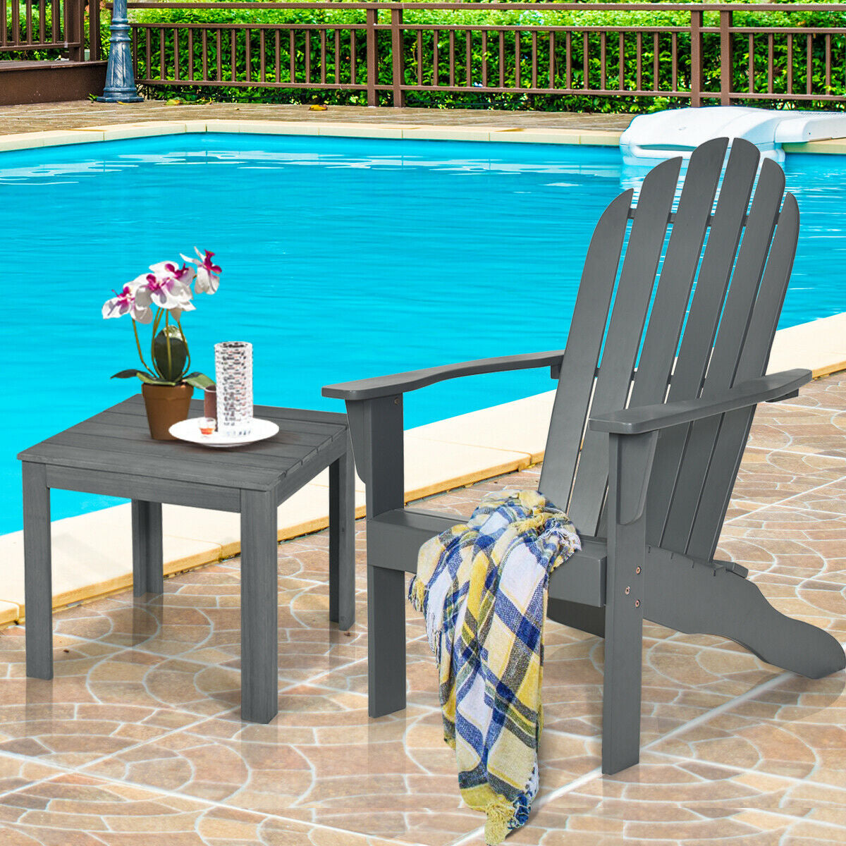Acacia Wood Outdoor Adirondack Chair with Ergonomic Design-GrayÂ
