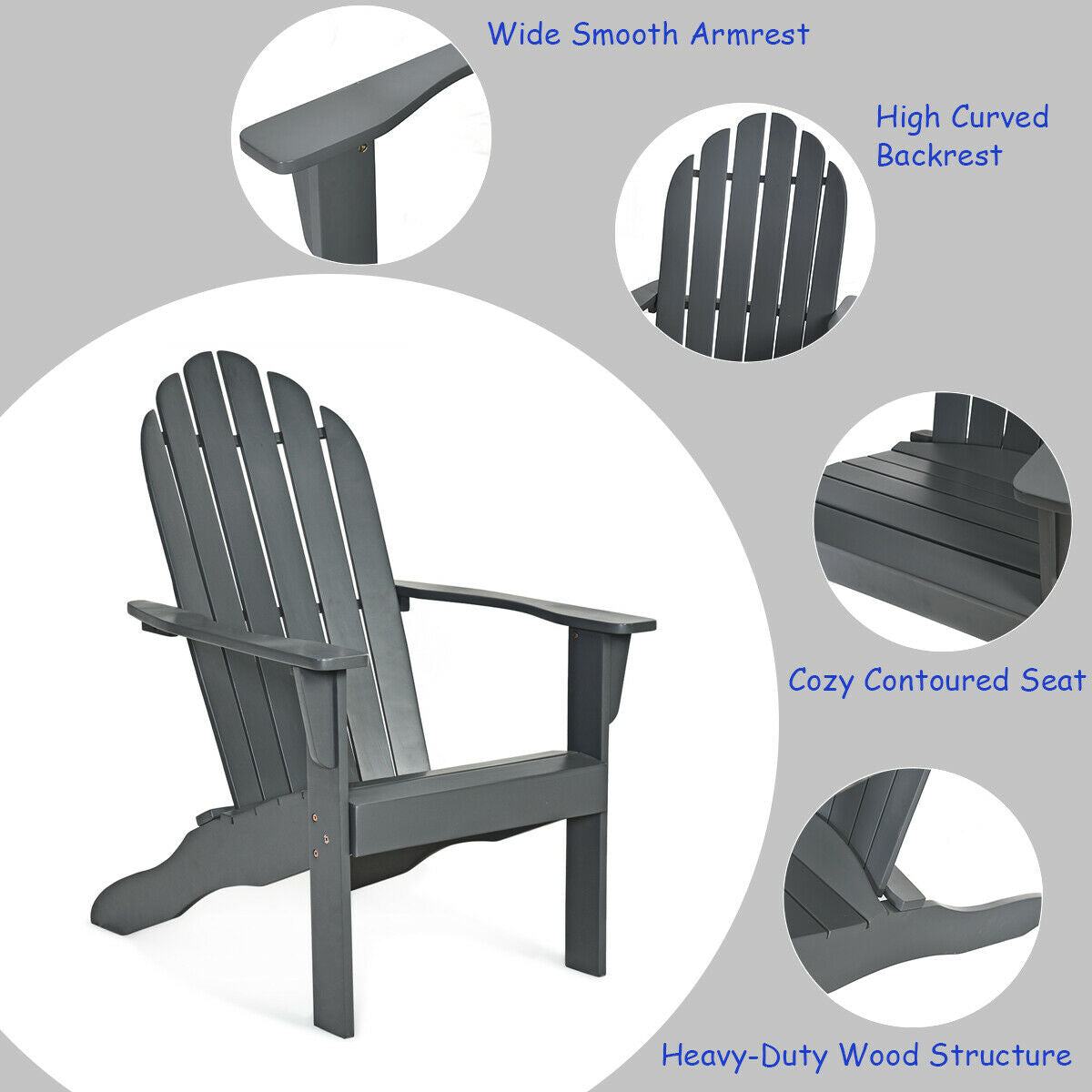 Acacia Wood Outdoor Adirondack Chair with Ergonomic Design-GrayÂ