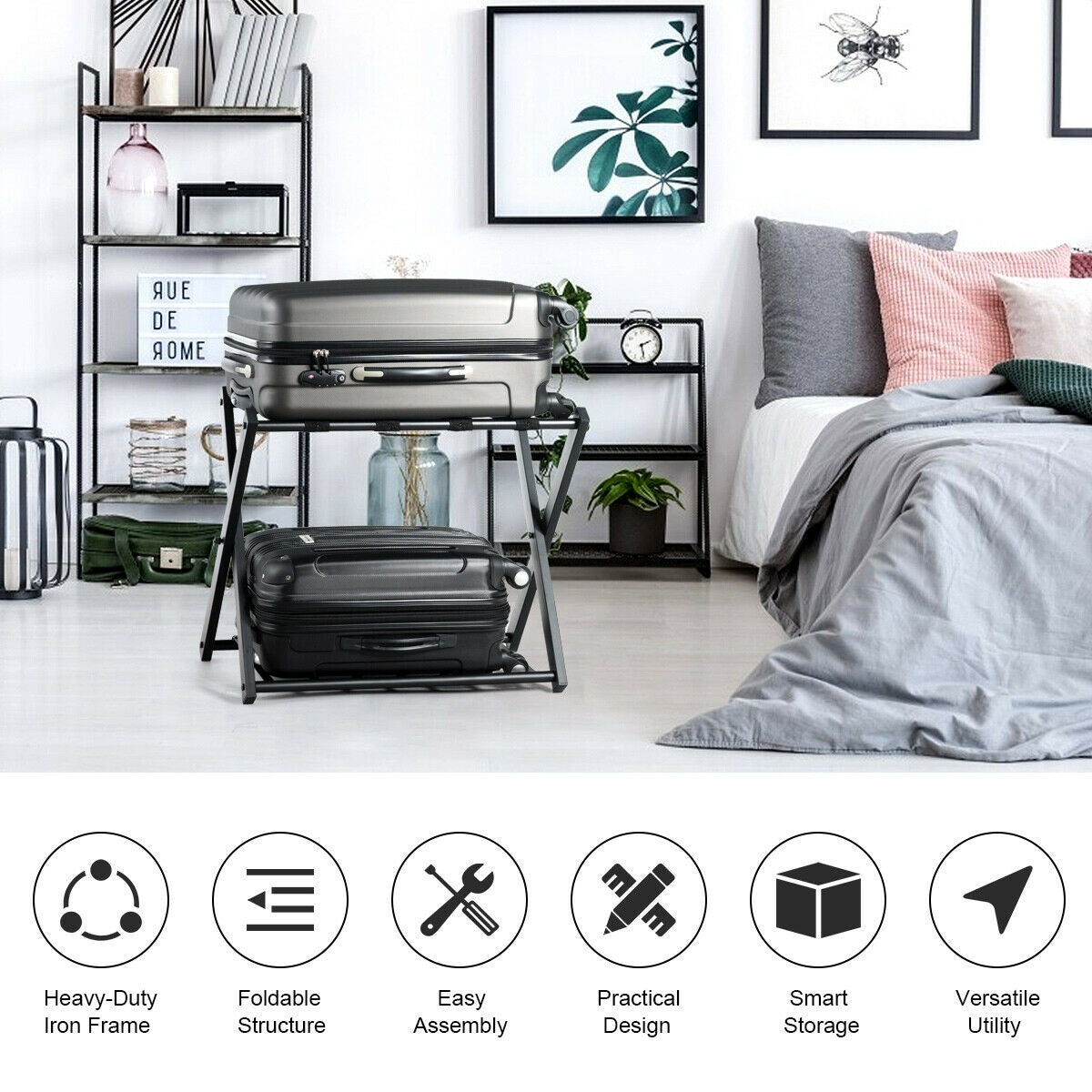 Set of 2 Folding Metal Luggage Rack SuitcaseÂ