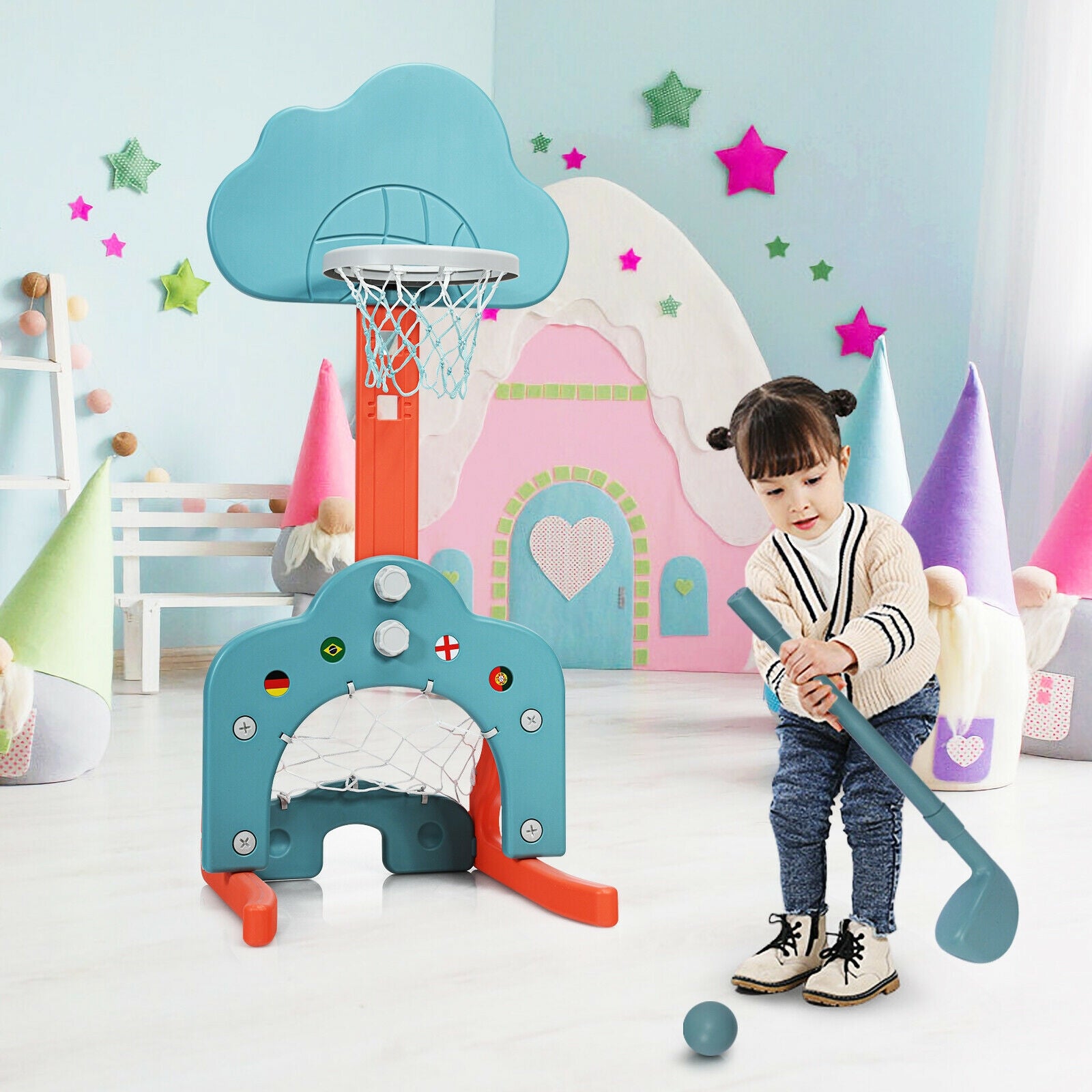 3-in-1 Kids Basketball Hoop Set with Balls-GreenÂ