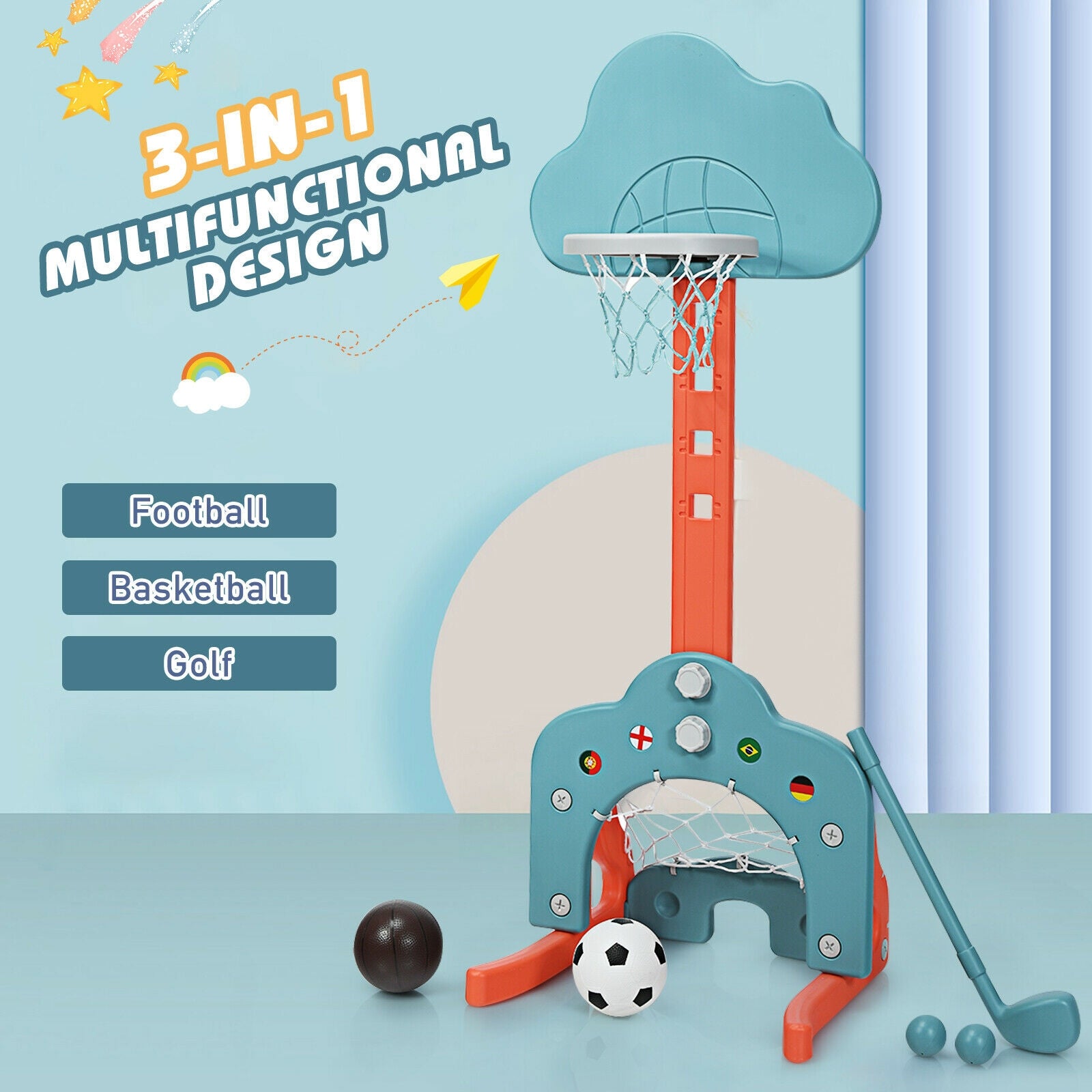 3-in-1 Kids Basketball Hoop Set with Balls-GreenÂ