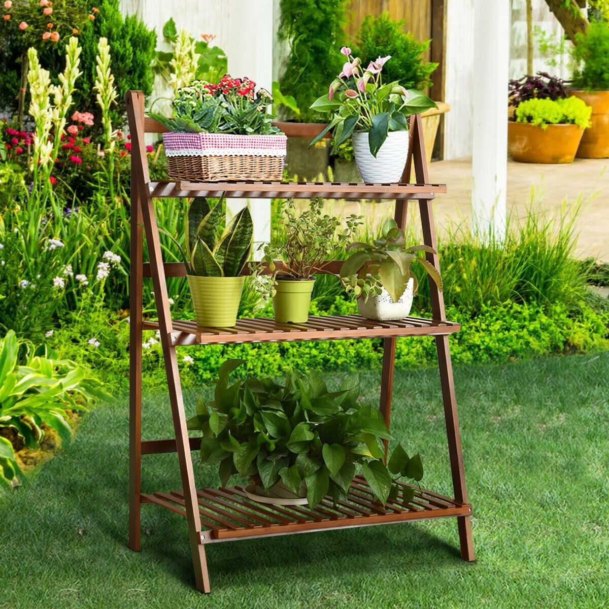 3-tier Folding Bamboo Flower Shelf -BrownÂ