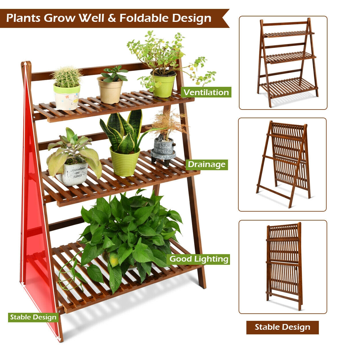 3-tier Folding Bamboo Flower Shelf -BrownÂ