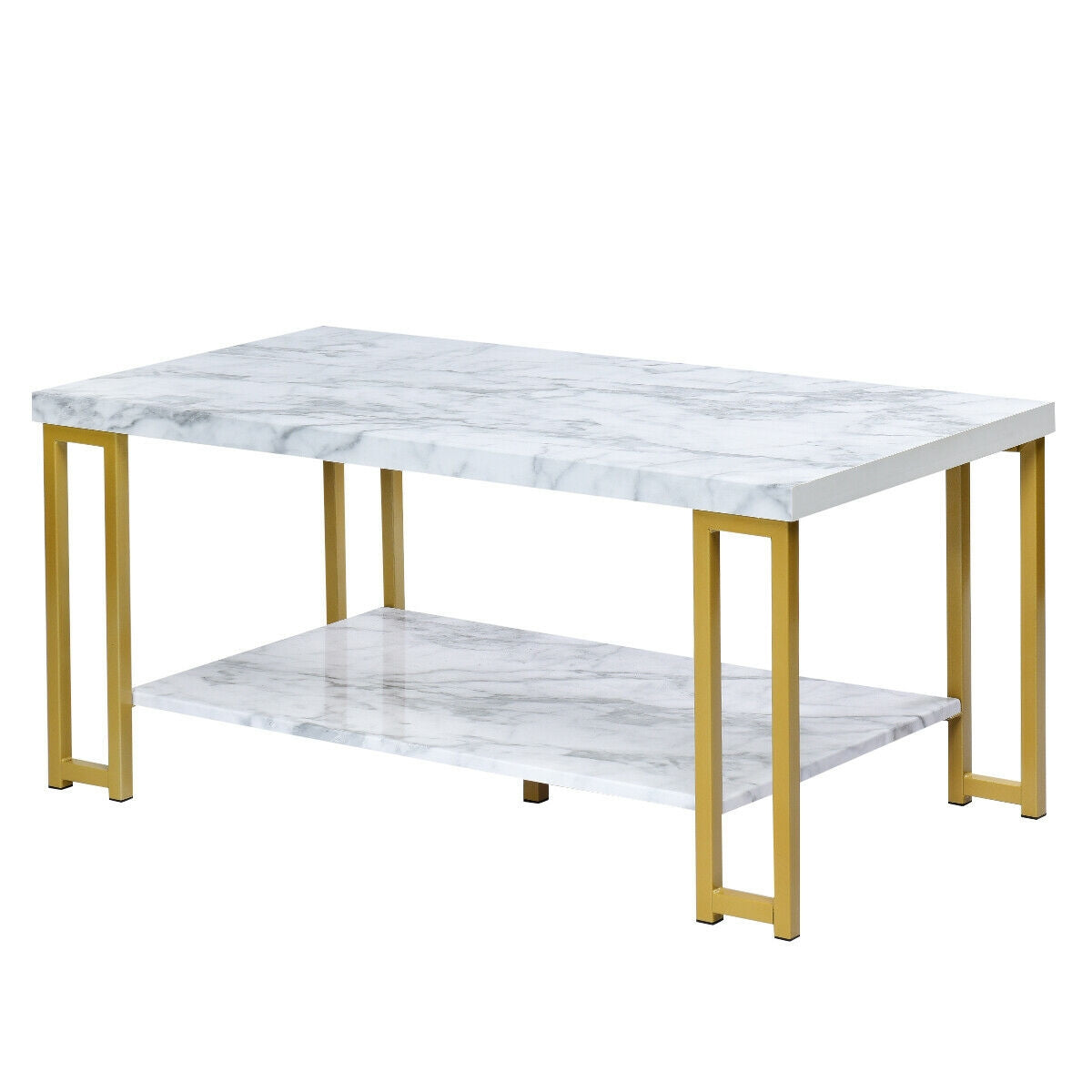 2-Tier Rectangular Modern Coffee Table with Gold Print Metal FrameÂ