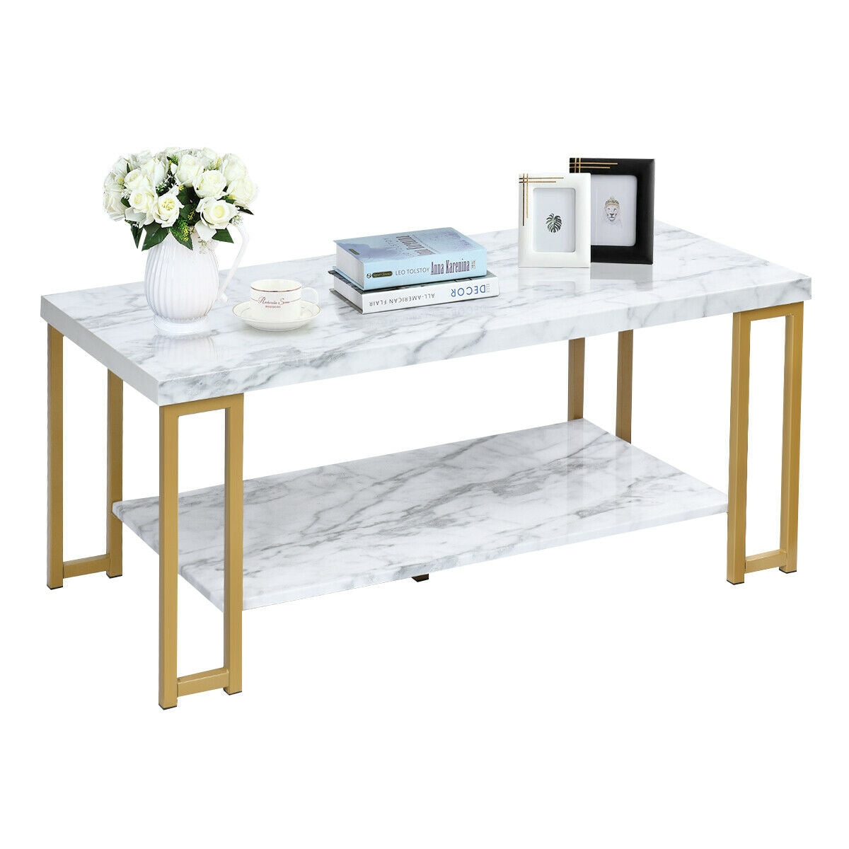 2-Tier Rectangular Modern Coffee Table with Gold Print Metal FrameÂ