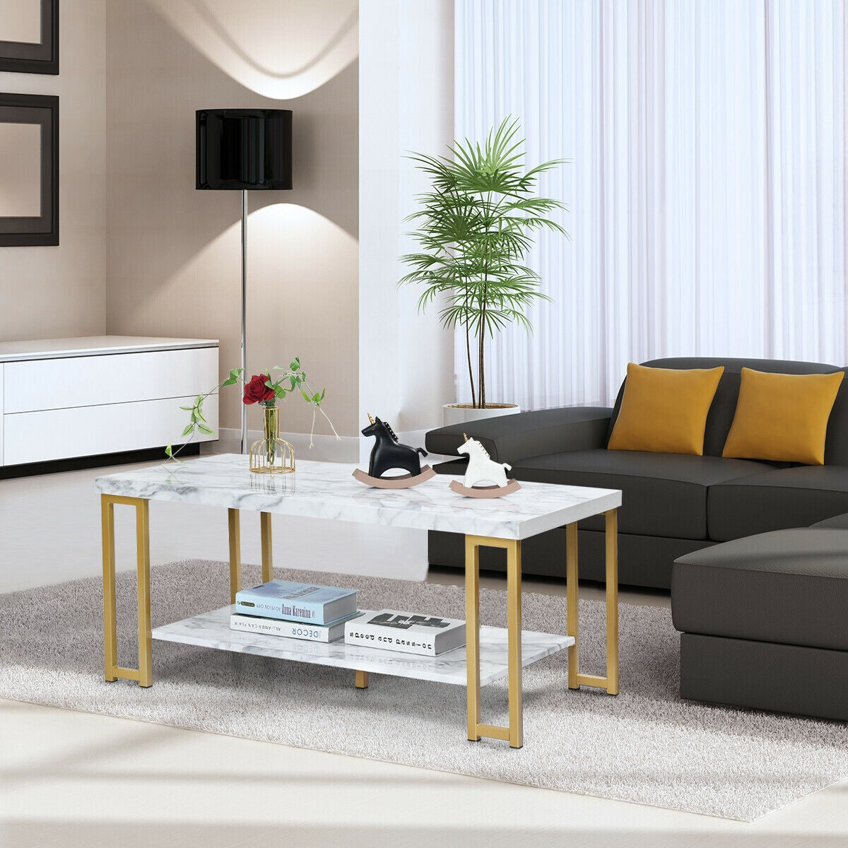 2-Tier Rectangular Modern Coffee Table with Gold Print Metal FrameÂ
