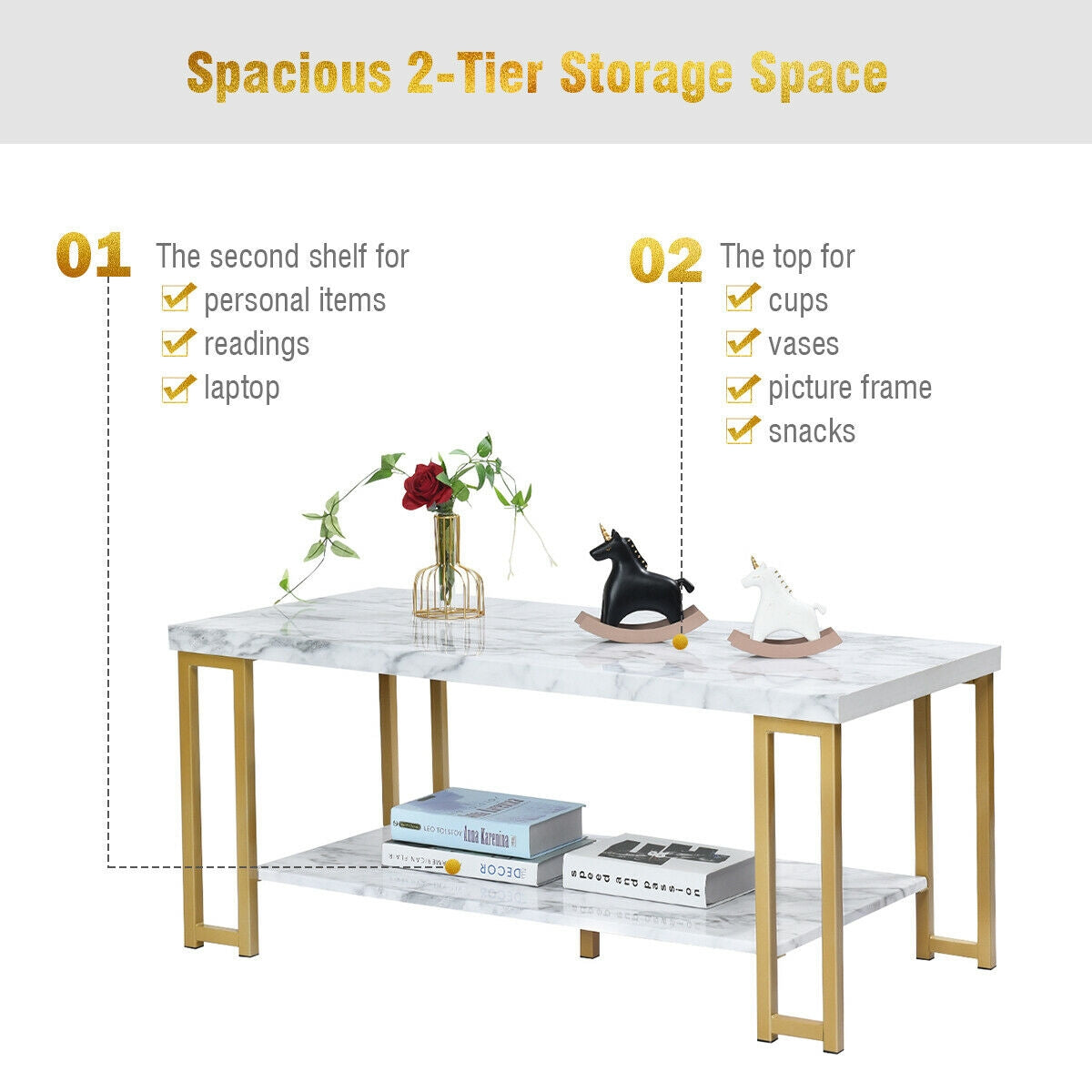2-Tier Rectangular Modern Coffee Table with Gold Print Metal FrameÂ