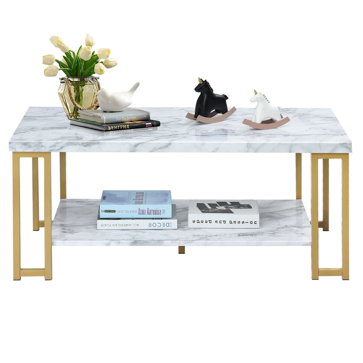 2-Tier Rectangular Modern Coffee Table with Gold Print Metal FrameÂ