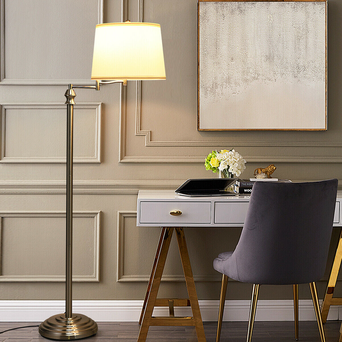 Swing Arm LED Floor Lamp with Hanging Fabric ShadeÂ