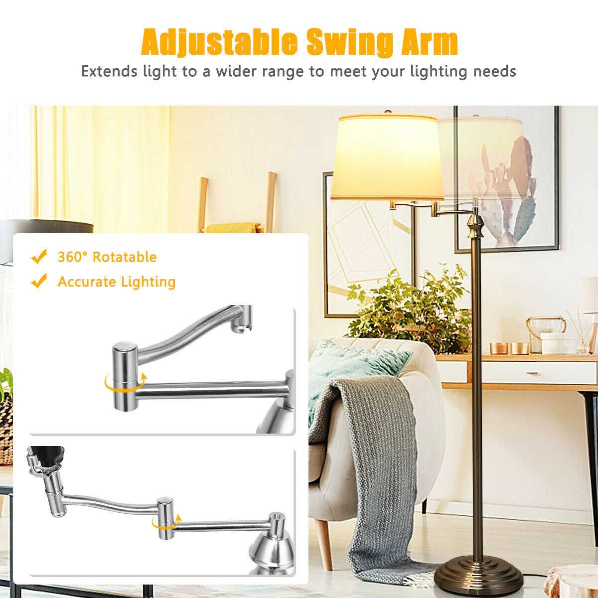 Swing Arm LED Floor Lamp with Hanging Fabric ShadeÂ