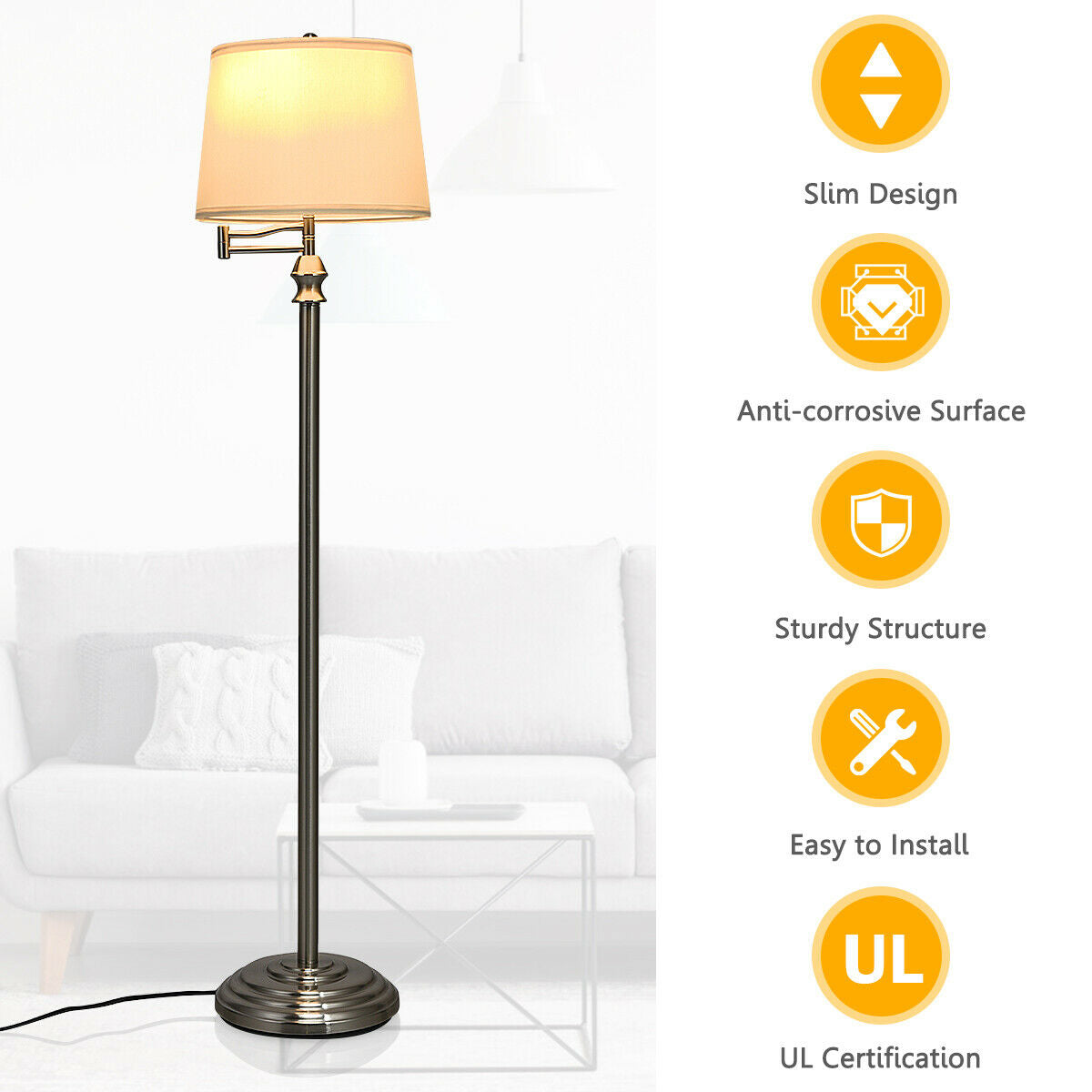 Swing Arm LED Floor Lamp with Hanging Fabric ShadeÂ
