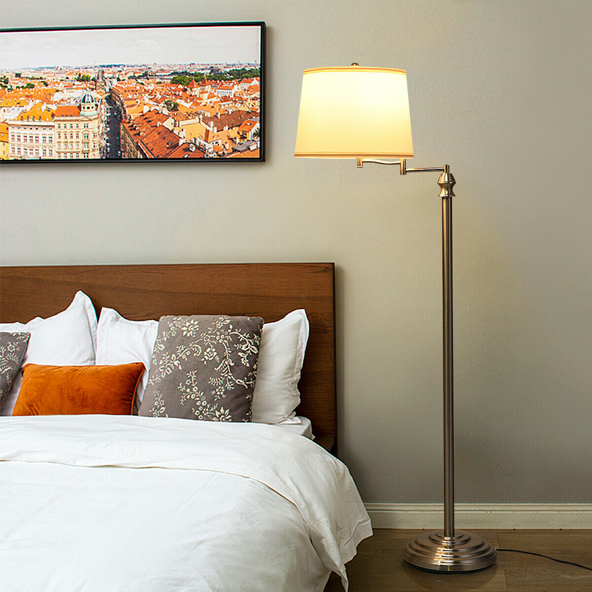 Swing Arm LED Floor Lamp with Hanging Fabric ShadeÂ