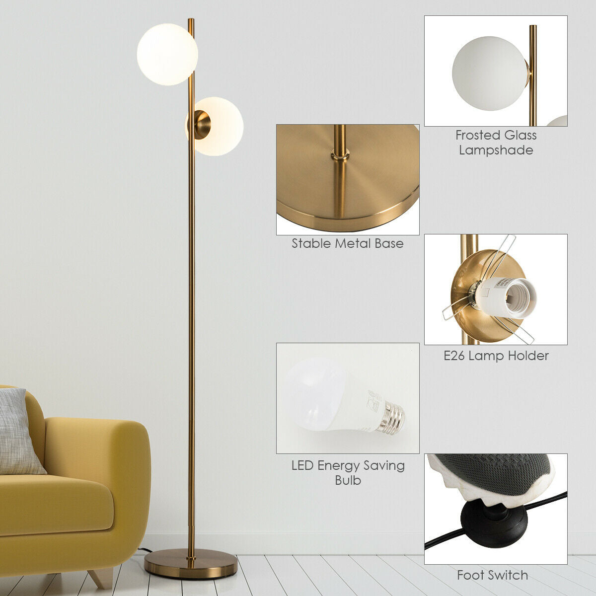 65 Inch LED Floor Lamp with 2 Light Bulbs and Foot Switch-GoldenÂ