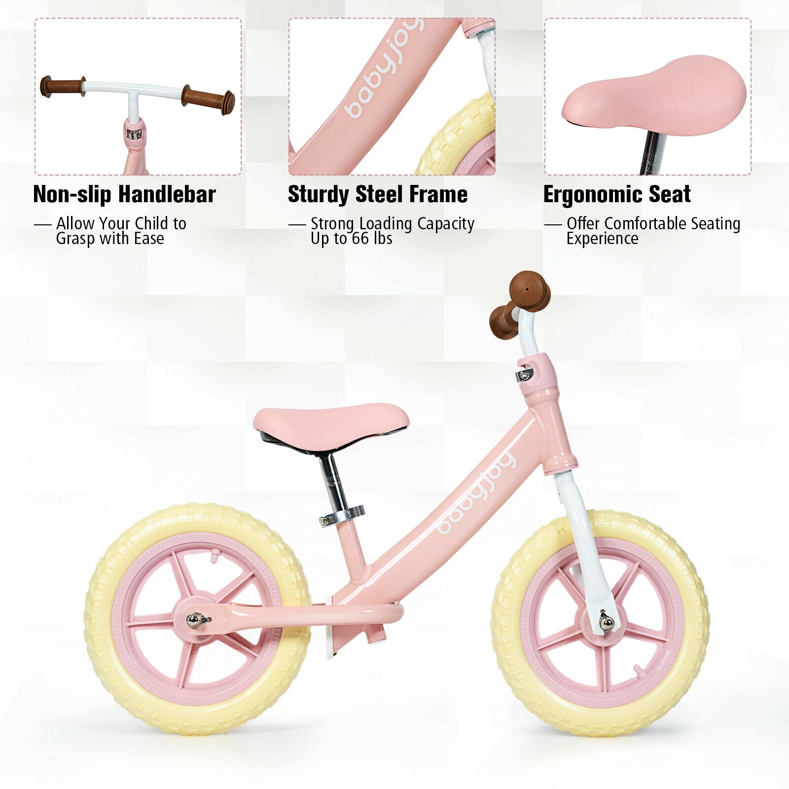 12 Inch Kids Balance No-Pedal Ride Pre Learn Bike with Adjustable Seat-PinkÂ