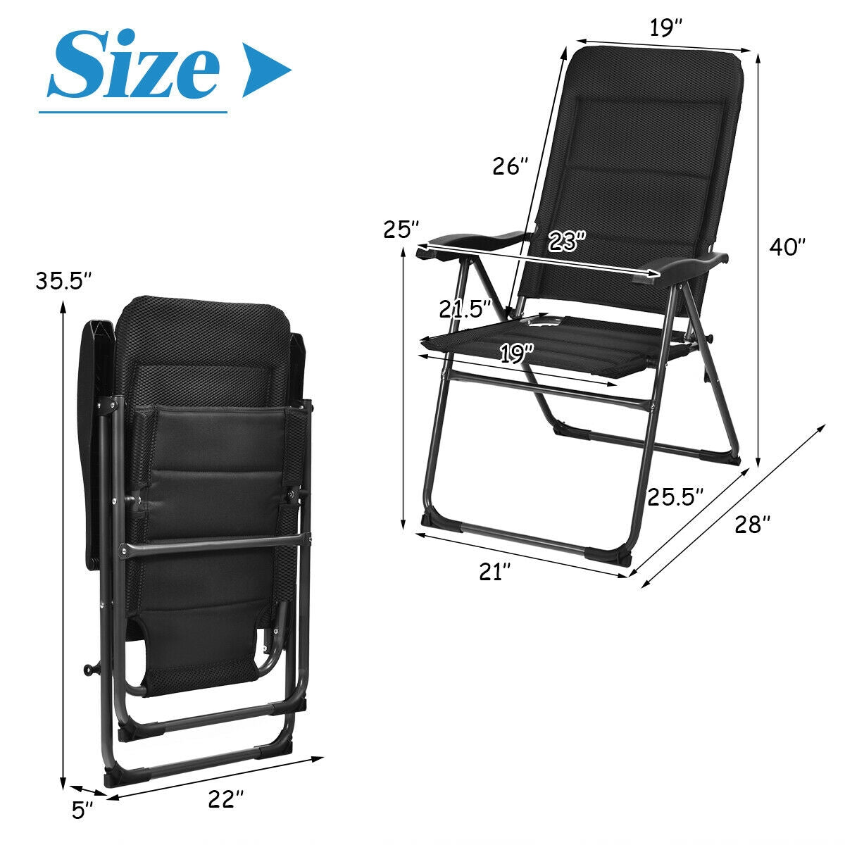 2 Pieces Outdoor Folding Patio Chairs with Adjustable Backrests for Bistro and Backyard-BlackÂ