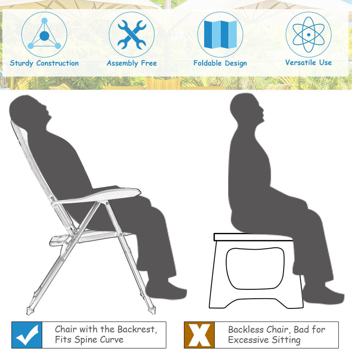 2 Pieces Outdoor Folding Patio Chairs with Adjustable Backrests for Bistro and Backyard-BlackÂ