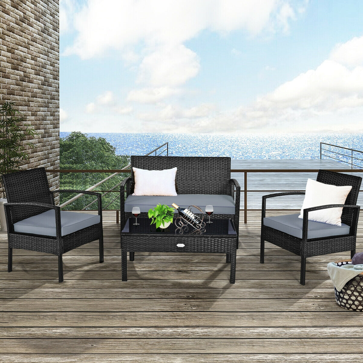 4 Pieces Patio Rattan Cushioned Furniture Set with Loveseat and Table-BlackÂ