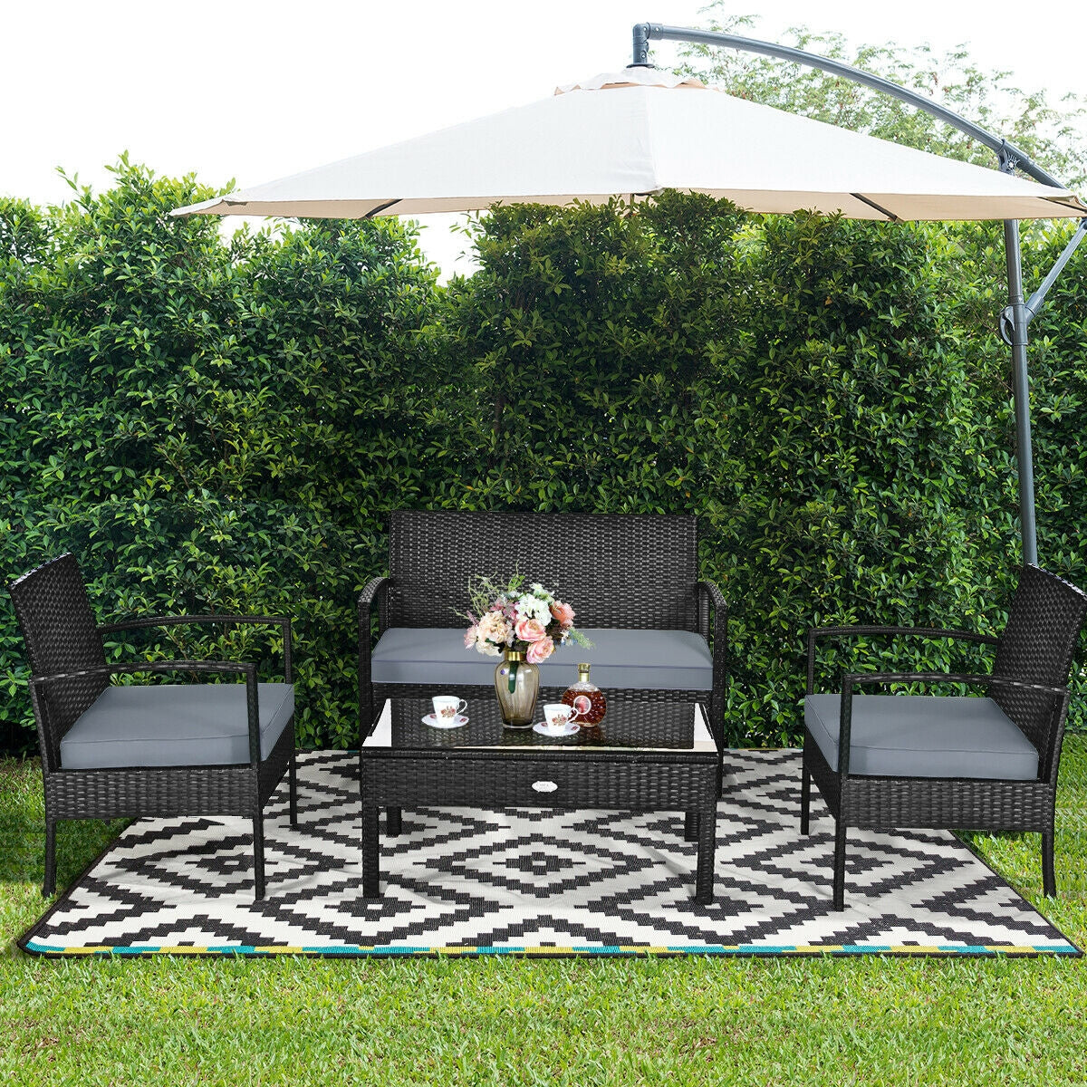 4 Pieces Patio Rattan Cushioned Furniture Set with Loveseat and Table-BlackÂ
