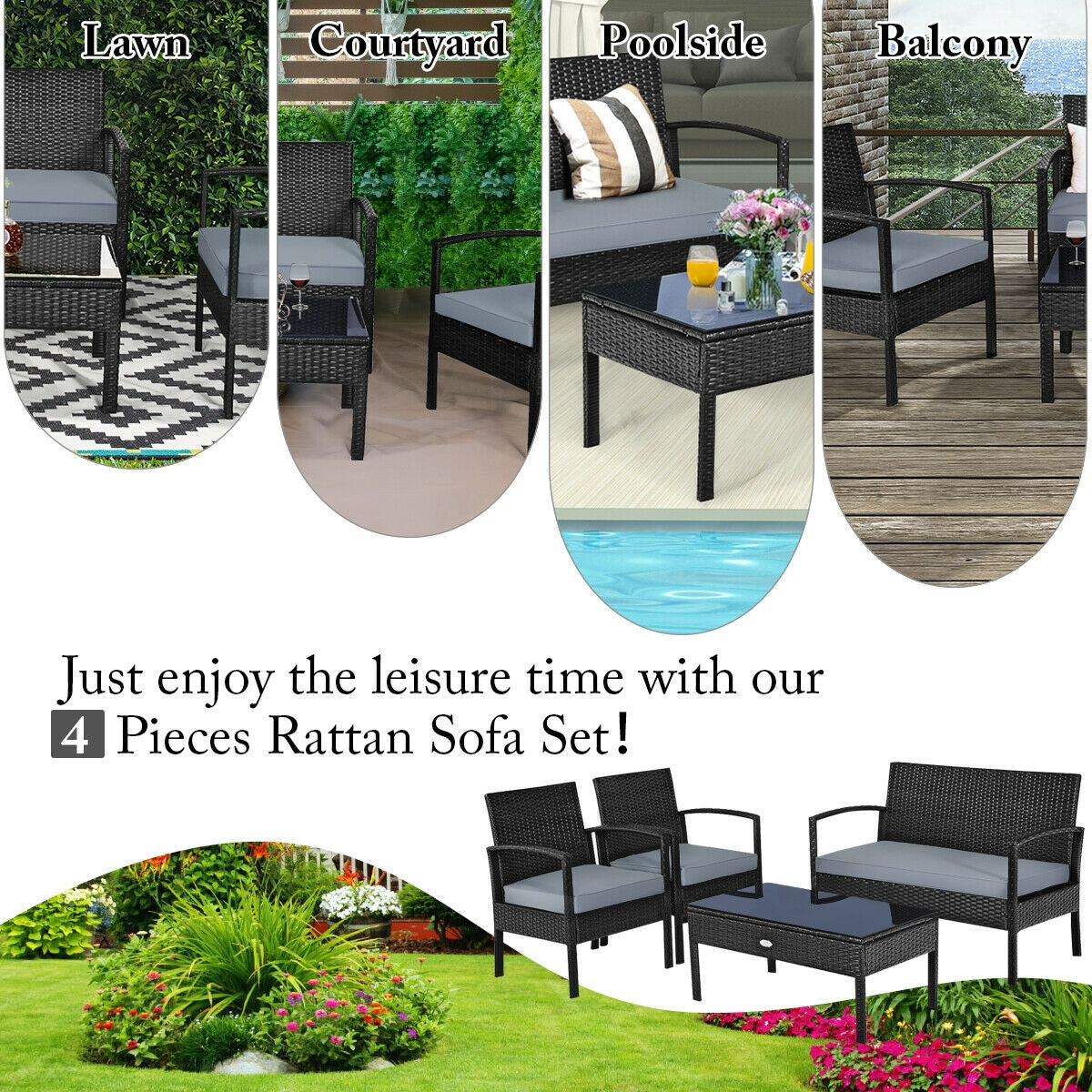 4 Pieces Patio Rattan Cushioned Furniture Set with Loveseat and Table-BlackÂ