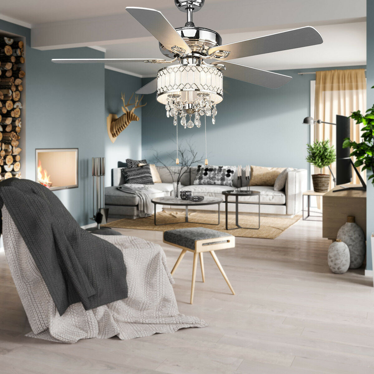 52 Inch Crystal Ceiling Fan Lamp w/ 5 Reversible Blades-SilverÂ